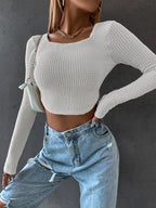 DressBetty - Long Sleeve Square Neck Knitted Crop Top Women Y2k Sexy T Shirts