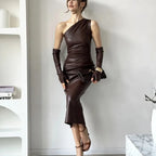 Off - Shoulder Strapless Faux Leather Patchwork Dress