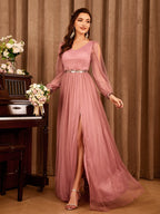 Gauze Applique Slit Vneck Maxi Dress