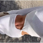 Knitted Hollow Out Solid O - neck Slit Maxi Dress