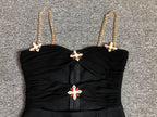 Black Metal Cross Brooch Design Strap Bandage Slit Midi Dress