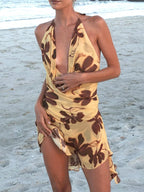 Contrast Print LaceUp V Neck Mini Dress