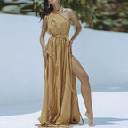 Solid Split Pleated Bandage Long Dress