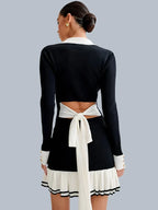 Ruffled Contrast Bow Open Back Lace - Up Knit Mini Dress