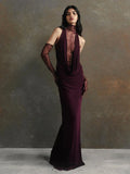 Turtleneck Pleated Gloves Backless Lace Dress