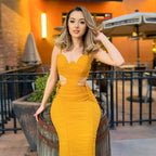 Low Cut Hollow Pleated Solid Color Slip Dress