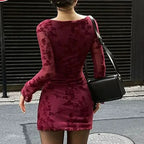 Wine Red Print Long Sleeves Knitted Dress