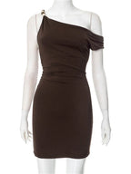 Beaded Asymmetric Slant Neck Mini Dress