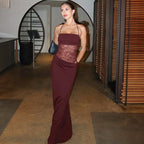 Spaghetti Strap Sheer Lace Hollow Out Long Dress