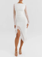 Elegant Ruffle Ruched Backless Midi Dress