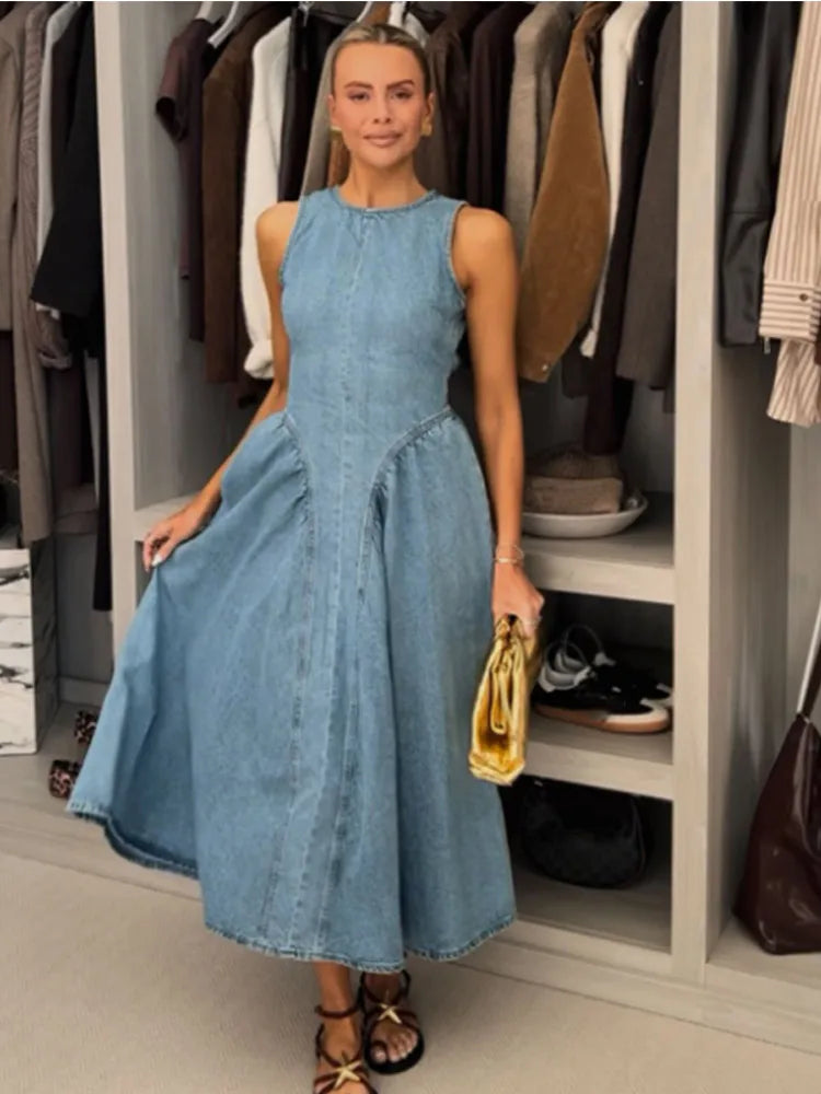 Denim Slim ONeck Sleeveless High Waist Pleated Work Dress