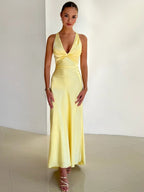 Satin Ruched Backless Maxi Dress