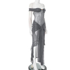 Mesh Ruffled Gray Off - shoulder Long Dress
