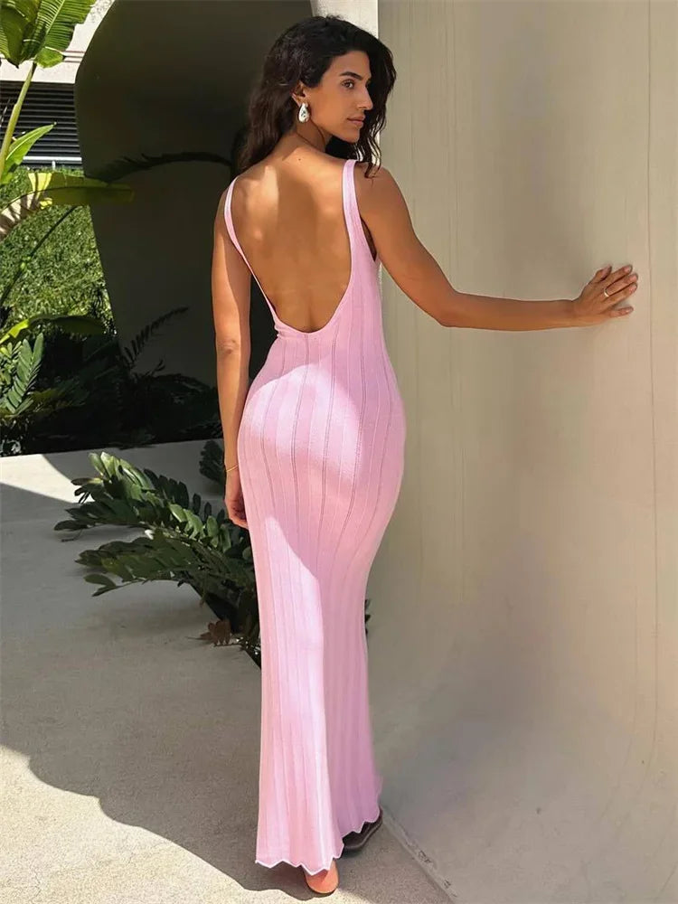Knit Ribbed Open Back Solid Long Dress