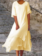 Eva Effortless Double Layered Slit Short Sleeved Dress with Round Neck Statement Occasion Edit