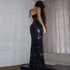 Sheer Mesh Spaghetti Strap Glitter Long Dress