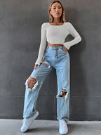 DressBetty - Long Sleeve Square Neck Knitted Crop Top Women Y2k Sexy T Shirts