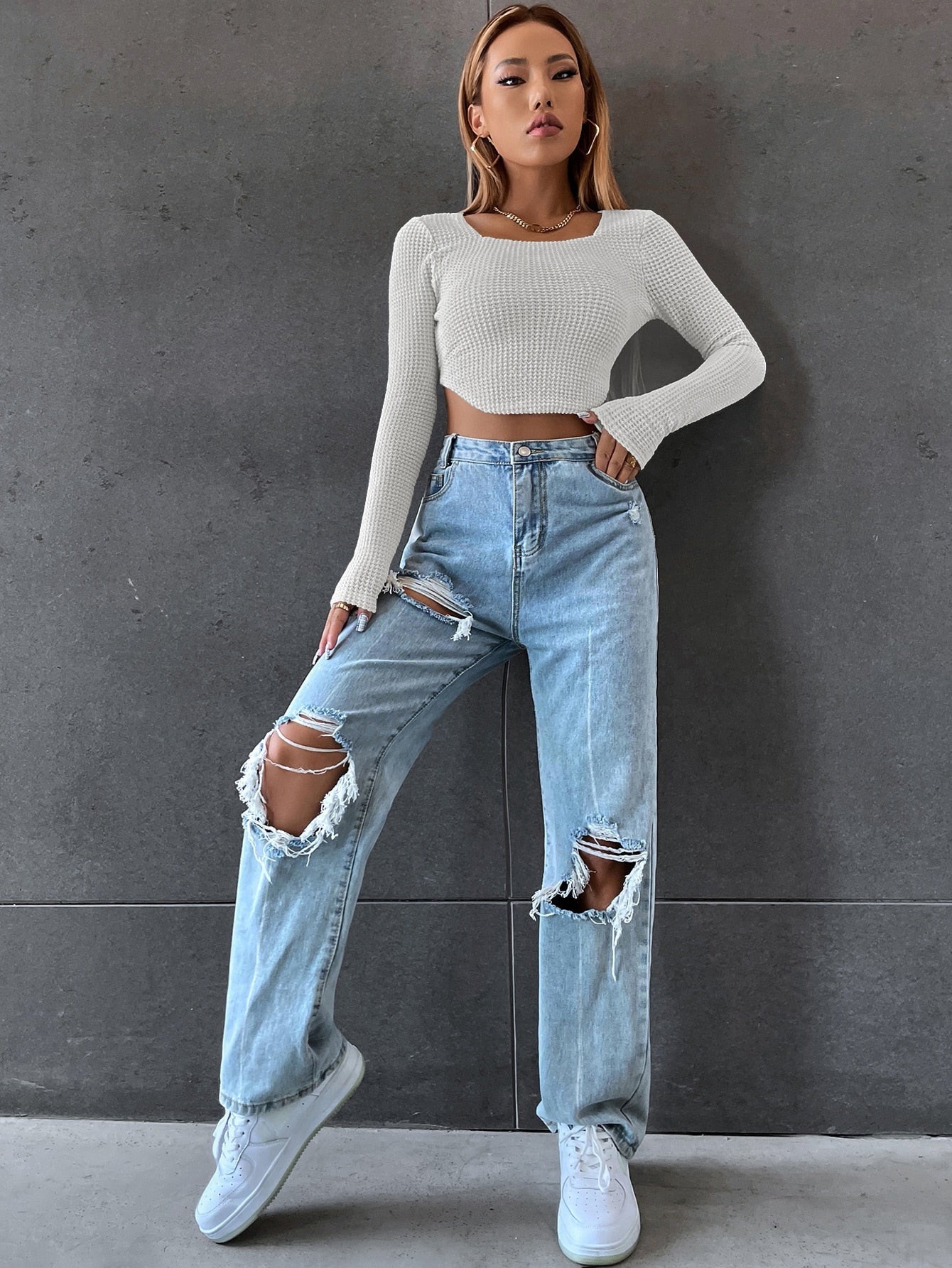 DressBetty - Long Sleeve Square Neck Knitted Crop Top Women Y2k Sexy T Shirts