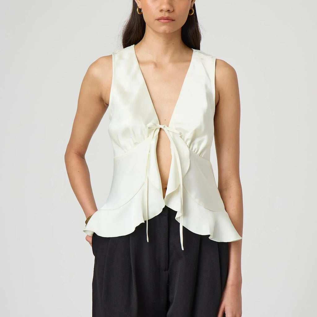 Bow Tieup VNeck Ruffled Hem Silky Cami Top