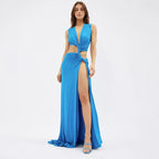 Deep V Cut Out Slit Asymmetrical Long Dress