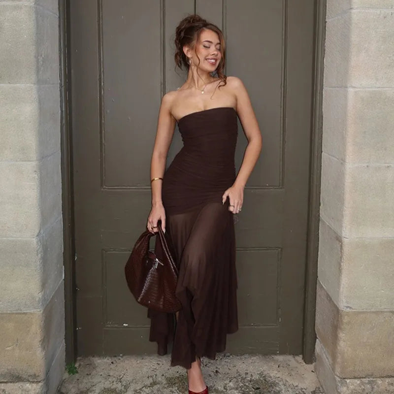 Brown Off - shoulder Strapless Long Dress