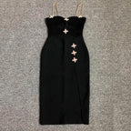 Black Metal Cross Brooch Design Strap Bandage Slit Midi Dress