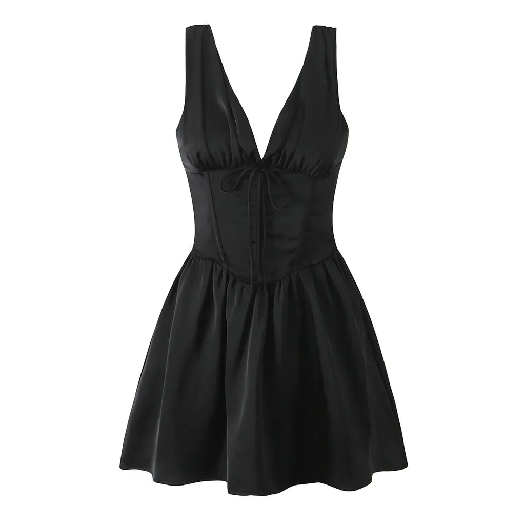 Stain Pleated Ruched Strap Bow Folds Hem Mini Dress