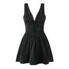 Stain Pleated Ruched Strap Bow Folds Hem Mini Dress