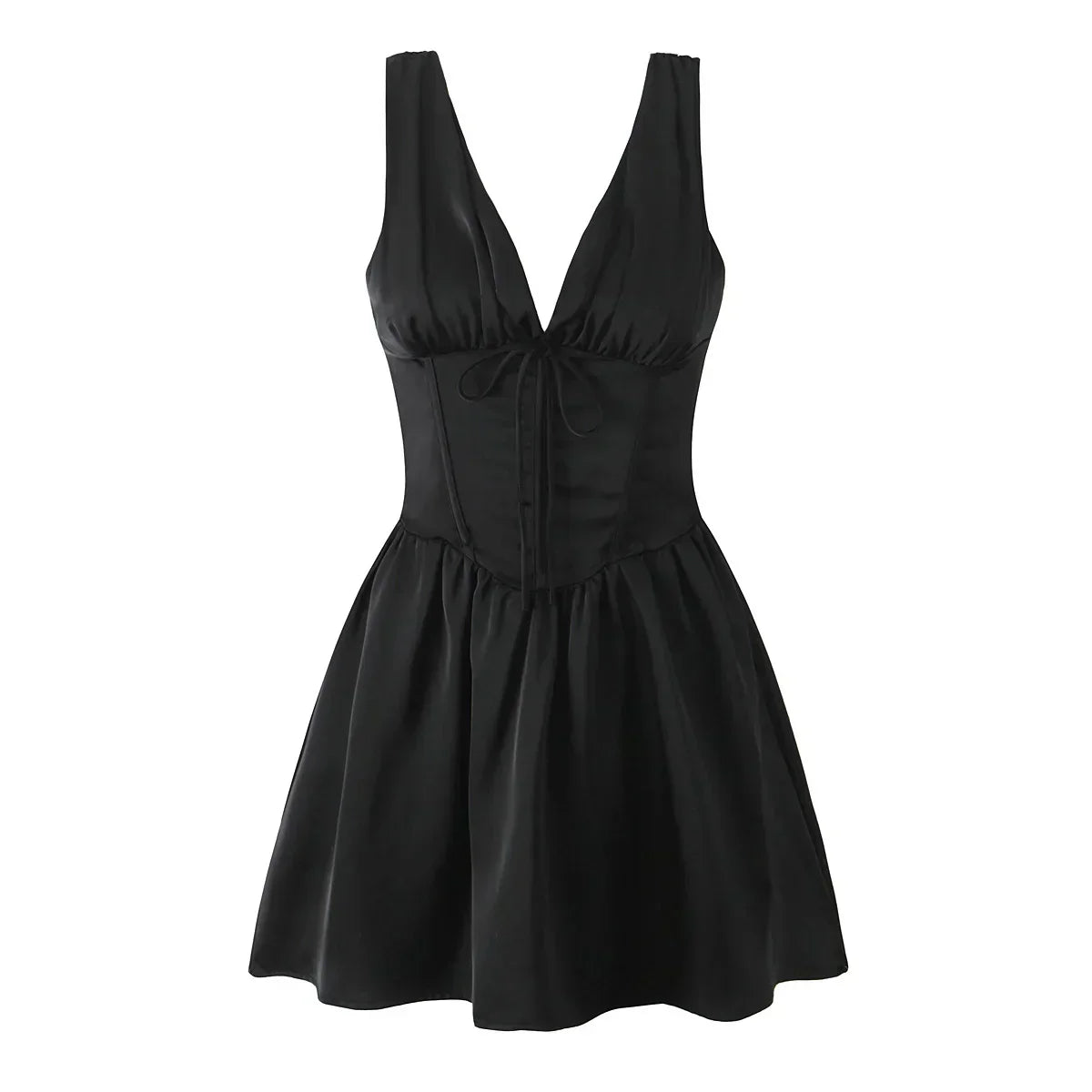 Stain Pleated Ruched Strap Bow Folds Hem Mini Dress