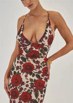 Red Floral Maxi Dress with Cowl Neck & Tie Back