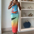 Square Neck Sequined Slit Floral Dress