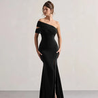 Solid One Shoulder Mesh Slit Long Dress
