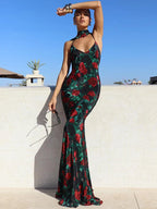 Halter Backless High Waist Floral Dress