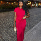Solid Short Sleeve Ruched Maxi Dress