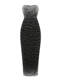 Black Strapless Pearls Beaded Embellished Maxi Dress