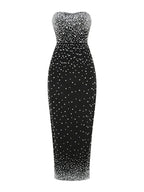 Black Strapless Pearls Beaded Embellished Maxi Dress