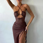 Black Hollow Laceup Halter Maxi Dress