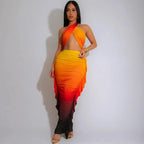 Gradient Halter Crop Top Ruffles Three Piece Swim Sets