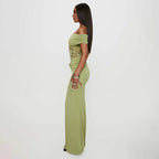 Off - shoulder Strapless Green Lace Sheer Long Dress