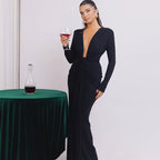 Elastic Deep V - Fold Lace Maxi Dress