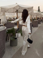 Satin Button Down Wide Leg Two Piece Pants Set