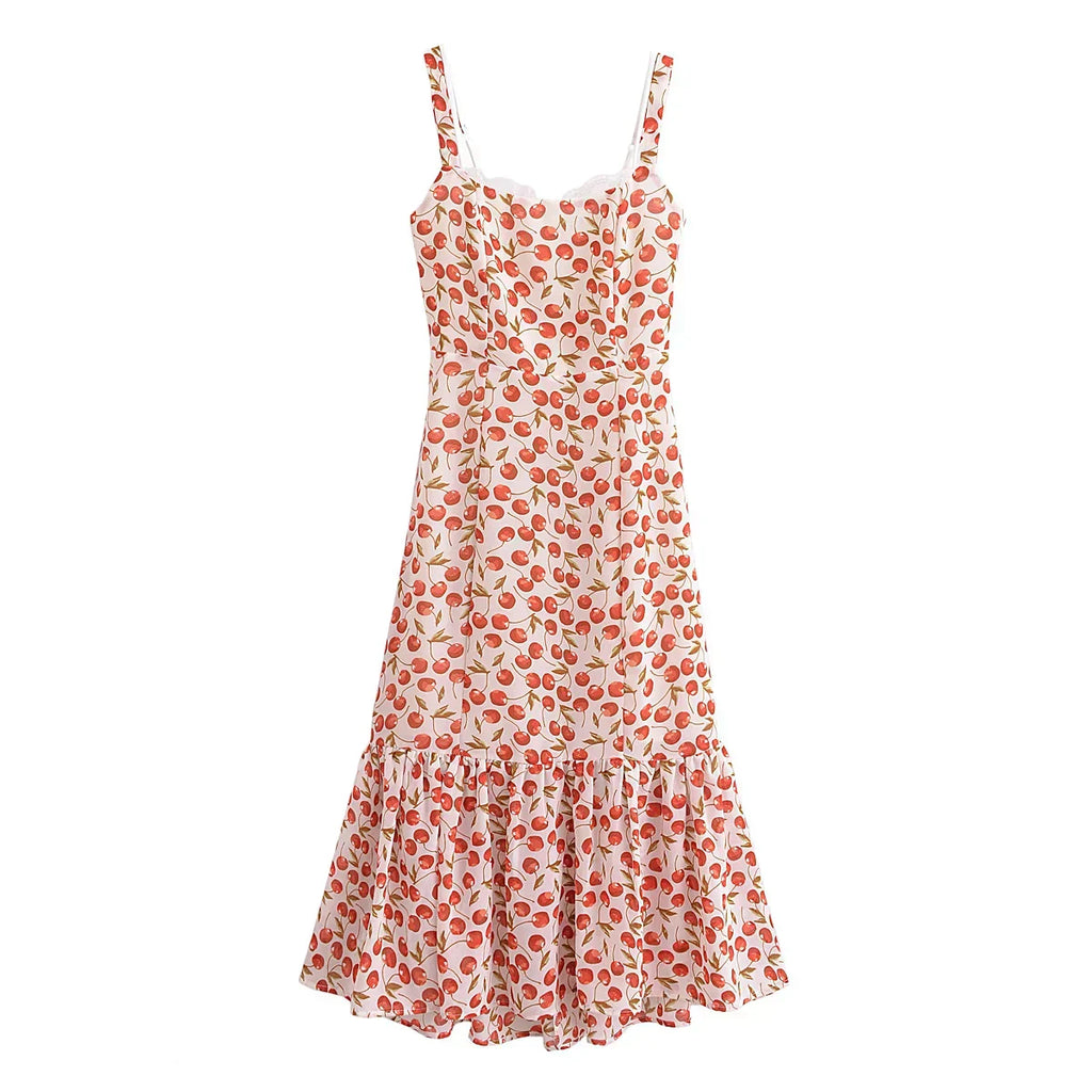 Cherry Print Ruffles Hem Trumpet Midi Dress