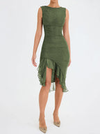 Elegant Ruffle Ruched Backless Midi Dress