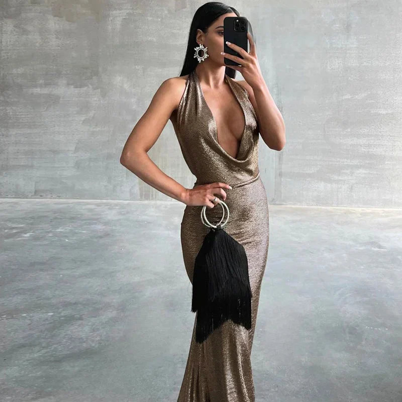 Halter Deep V Neck Sleeveless Fishtail Dress