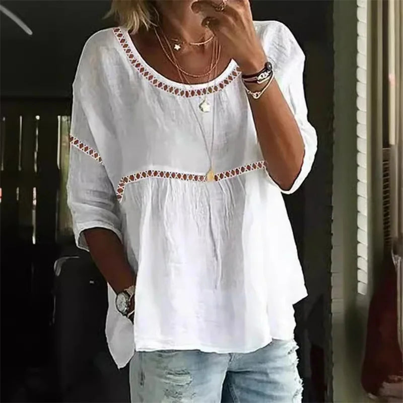 Hollow Out Splice Sevenquarter Sleeve Blouse