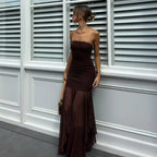 Brown Off - shoulder Strapless Long Dress