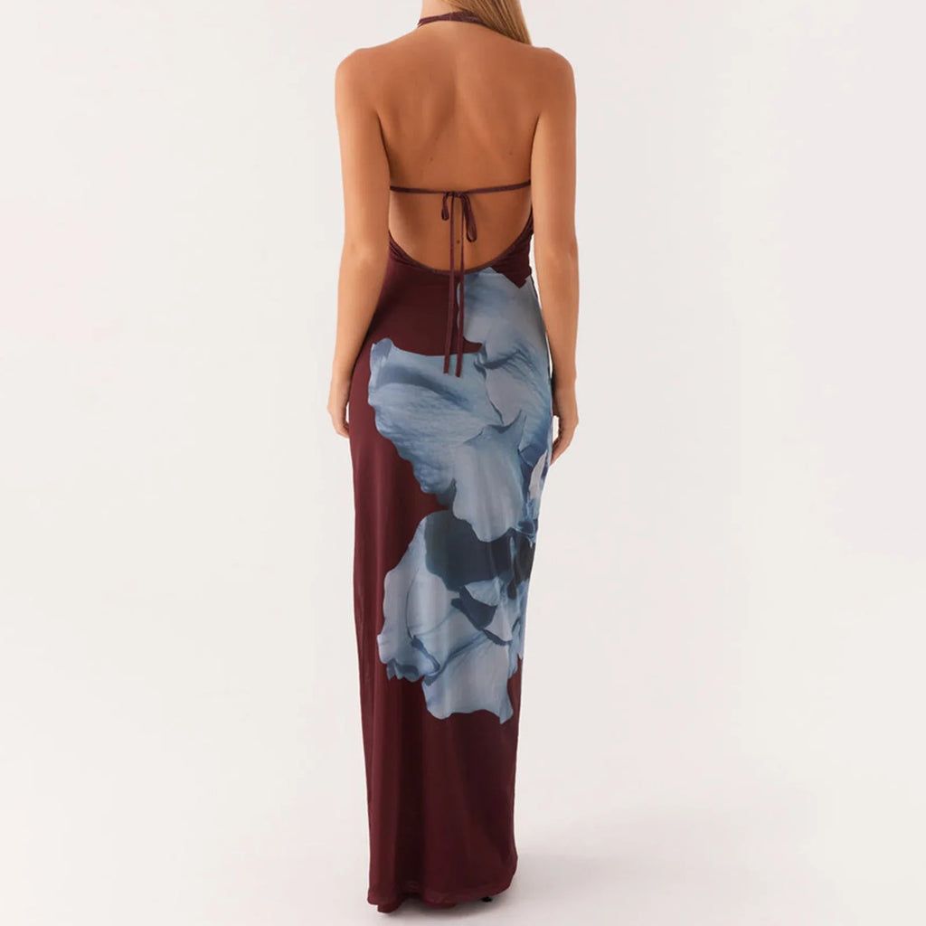 Sleeveless Lace-up Open Back Floral Print Slip Dress