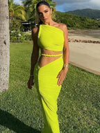 Green Oblique Shoulder Top Thigh High Split Long Skirt Set