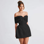 Bow Off Shoulder Backless A - line Jacquard Party Dress
