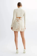 Ruffled Contrast Bow Open Back Lace - Up Knit Mini Dress
